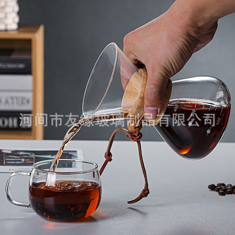 Hand coffee pot household high borosilicate glass coffee sharing pot anti-scalding wooden handle can be printed logo manufacturers wholesale