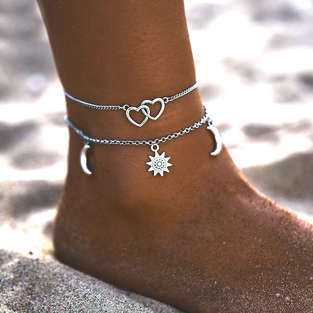 Cross-Border European and American New Style Foot Jewelry, Star and Moon Simple Peach Heart Anklet, Sun Fashion Retro Double-Layer Anklet