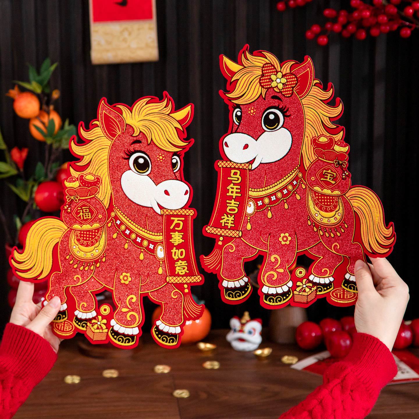 Year of the Horse Door Stickers Velvet Couplets 2026 Spring Festival New Year Zodiac Door Blessing Stickers Spring Festival Decorations