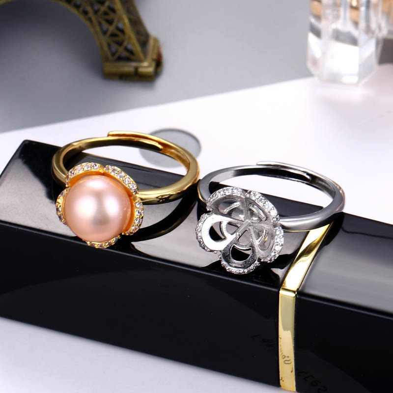 Cross-Border New Freshwater Pearl Petals Micro-Inlaid Ring for Women Adjustable Creative Personalized Ring DIY Empty Support Jewelry