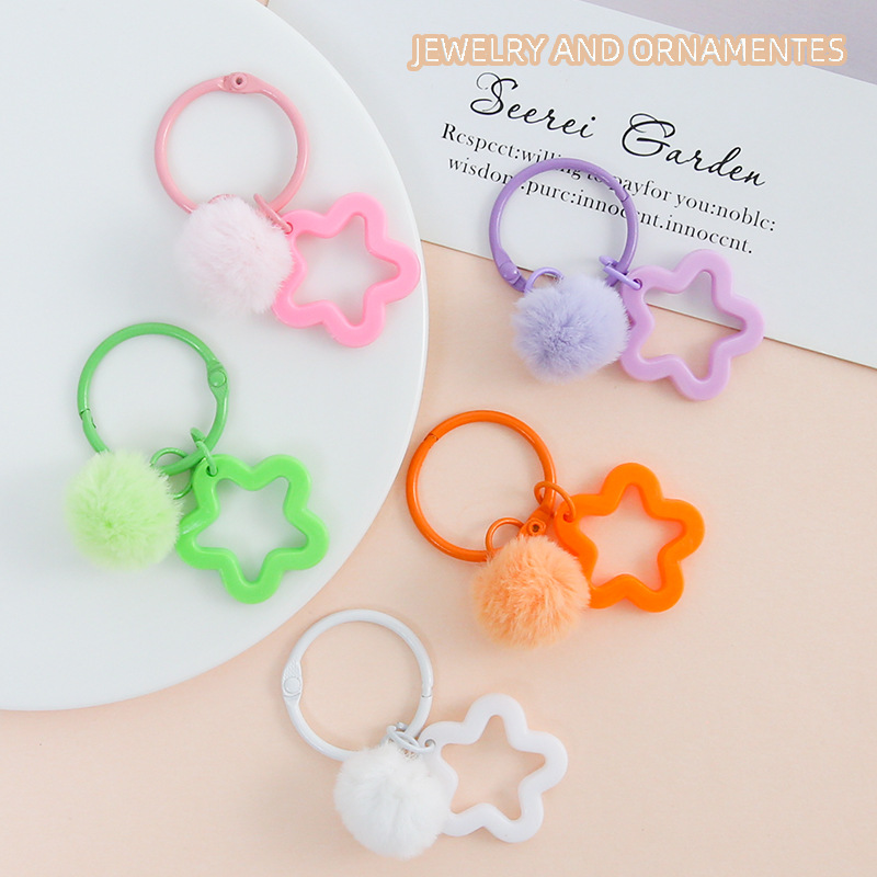 Fresh and Cute Colorfulful Five-Pointed Star Hair Ball 3cm Card Ring Keychain DIY Handmade Bag Pendant Jewelry Wholesale
