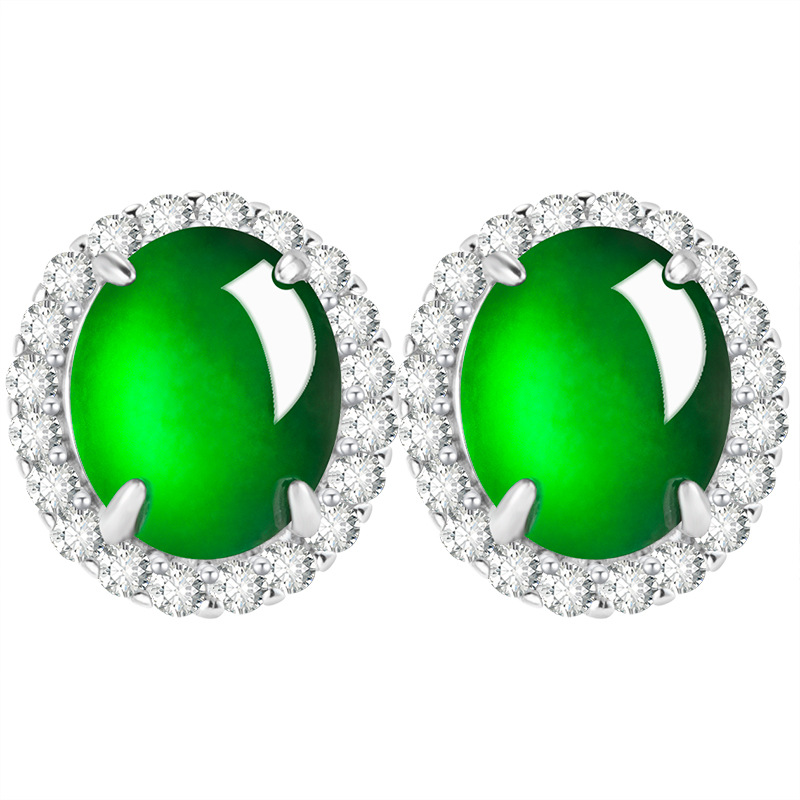 Natural A Jade Oval Egg Face Yang Green Earrings Ice Jade Fashion S925 Silver Inlay Women's Earrings