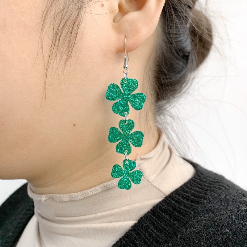 St. Patrick's Day Carnival Korean-style Cool All-match Green Acrylic Glitter Four-leaf Clover Clover Horseshoe
