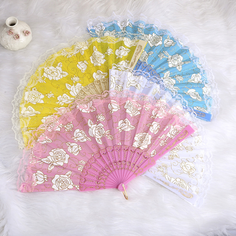 Factory white rose lace fan plastic folding fan wedding decoration fan Chinese style dance fan lace fan