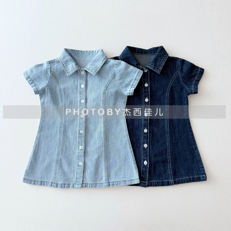 Джинсовое платье для девочек, новое летнее, модное, с отложным воротником, короткий рукав, корейский стиль, юбка А-силуэта