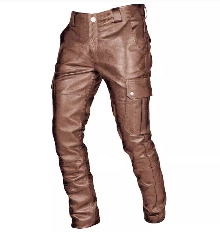 2023 cross-border new popular wish Amazon hot sale European and American solid color PU lace-up casual men's leather pants KZ2332