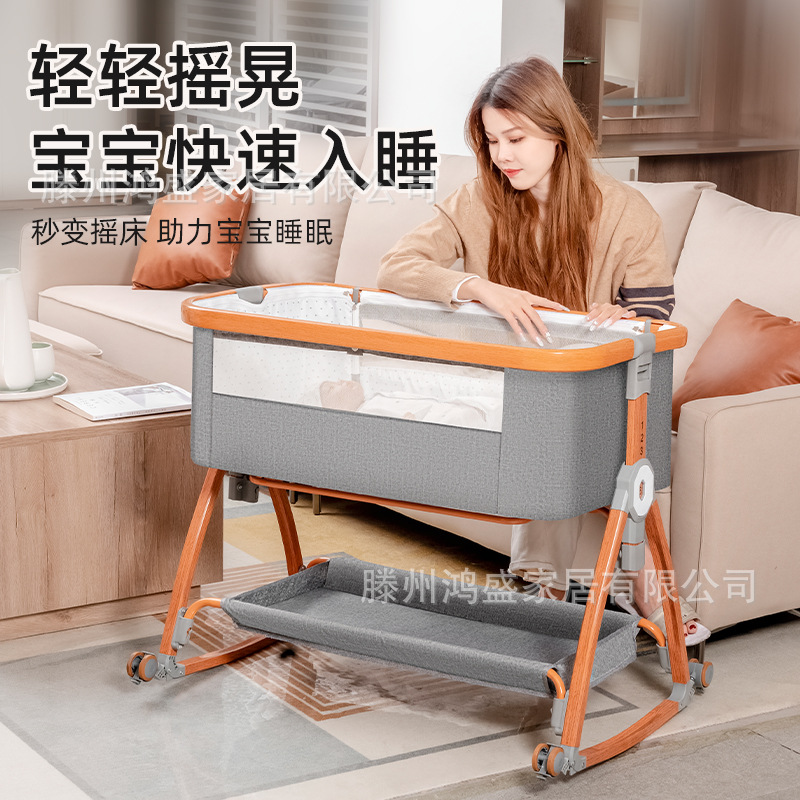 Multifunctional Mobile Crib Bed with Adjustable Height, Baby Cradle Bed, Foldable Newborn Diaper Changing Table