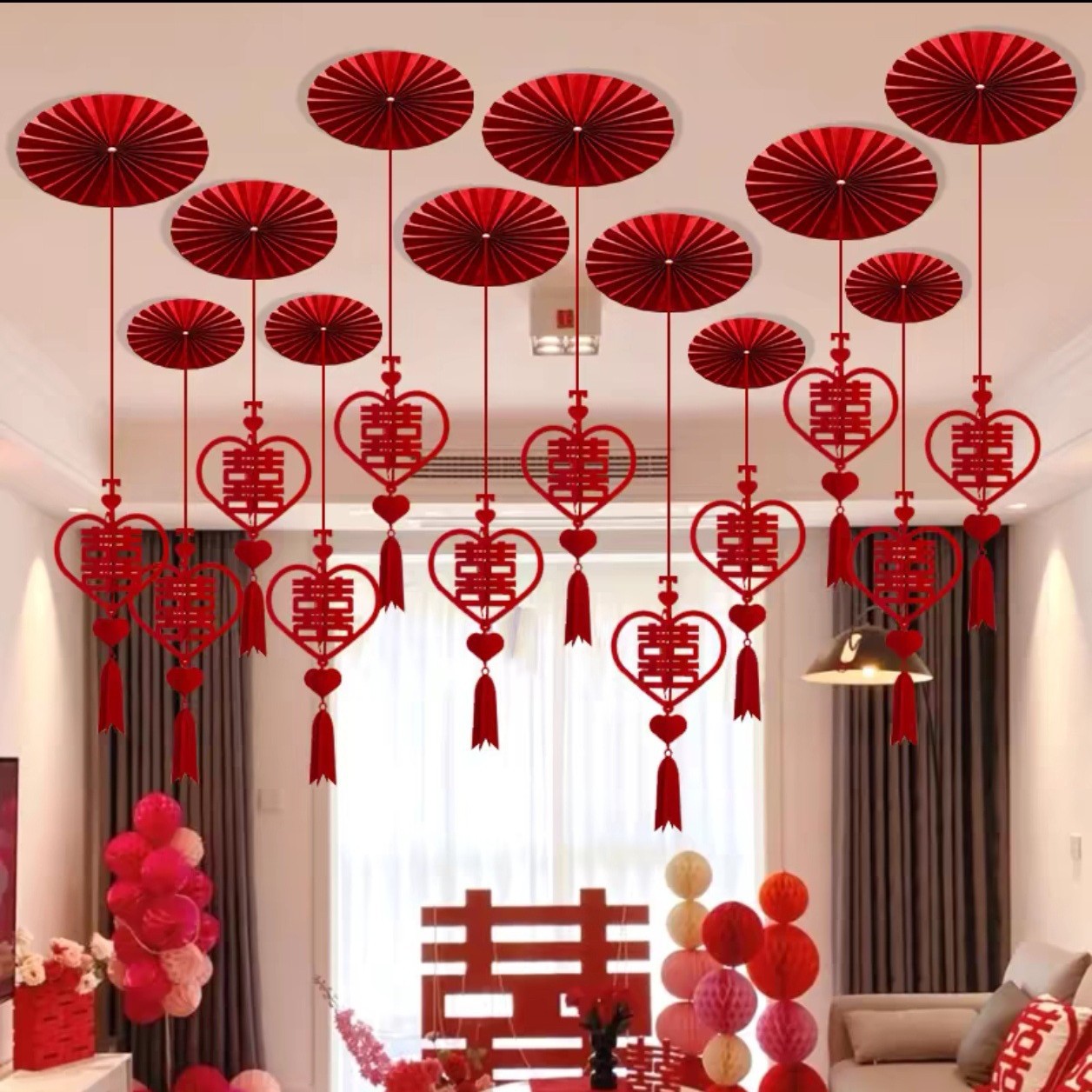 Wedding Room Decoration Set Living Room Wedding Decoration Ceiling Fan Flower Garland Happy Word Hanging Wedding Supplies Hanging