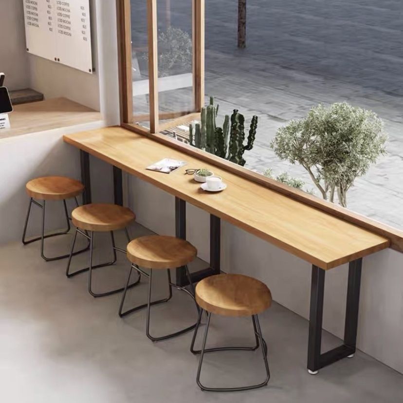 Wall-Mounted Narrow Dining Table and Chair Set, Low Bar Table by the Window, Industrial Style Convenience Store Snack Bar Long Table