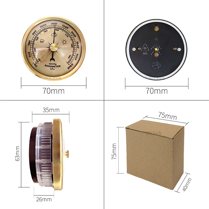 Metal Barometer Round Multi-Size Inlaid Barometer Craft Barometer Temperature and Humidity Meter Three-In-One Clock