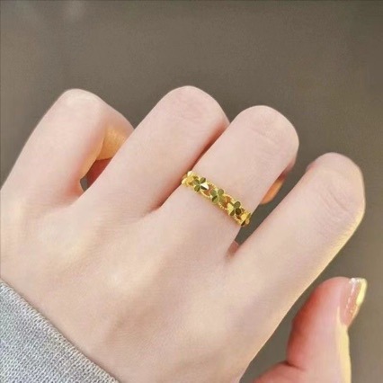 High Imitation genuine goods 24 Simulation Sand Gold Ring Women's Fashion All-match Four-leaf Clover Opening Ring for Girlfriend