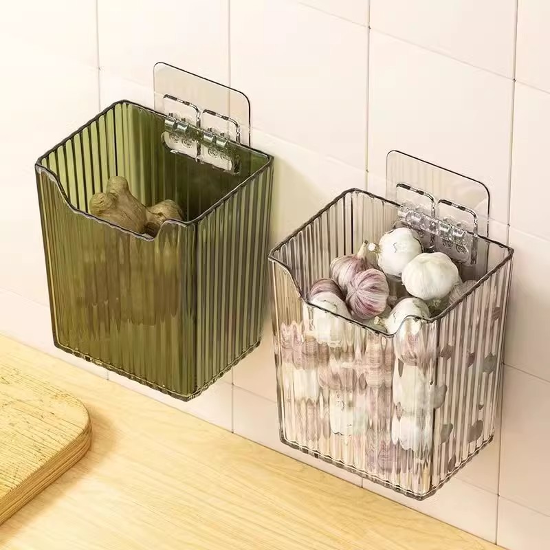 Kitchen Garlic, Ginger and Onion Transparent Storage Basket Small Objects Punch-free Wall-mounted Storage Box Kitchen Storage Rack