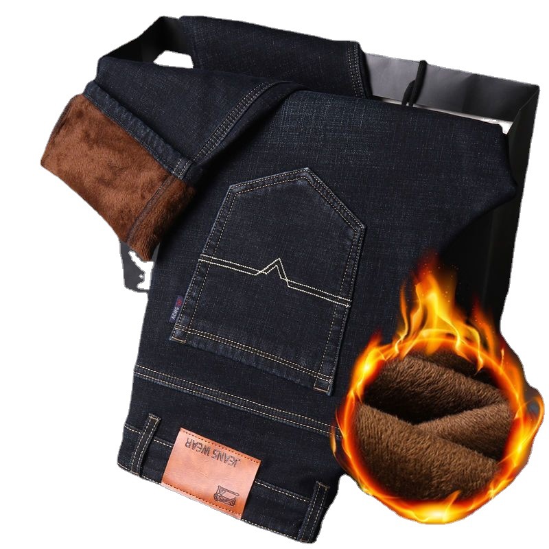 Autumn and Winter New Fleece-lined Jeans Men's Loose Straight Thickened Warm Men's Pants Casual All-match Working Stretch Pants