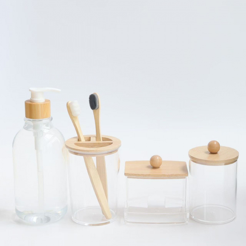 Прозрачная бутылка для дезинфицирующего средства с бамбуковой крышкой, набор из 4 предметов для ванной, коробка для ватных палочек, банка для ватных дисков