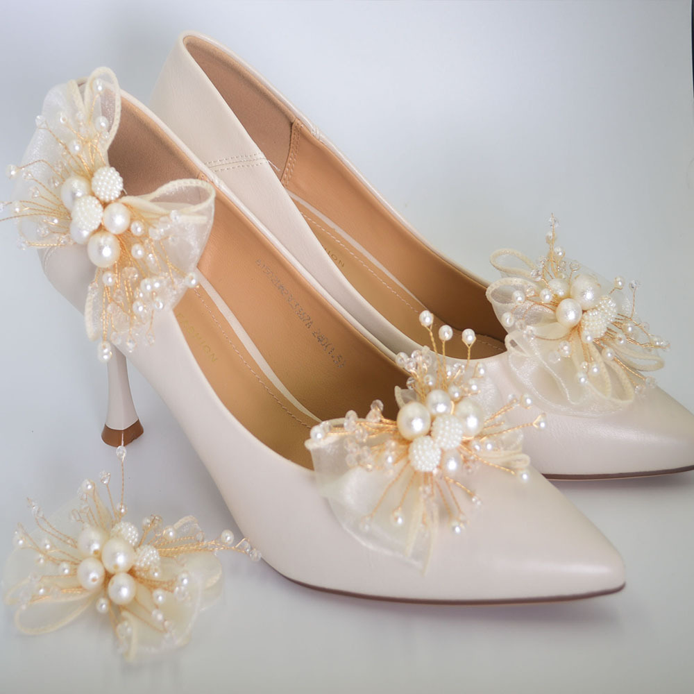 Wedding Shoes Women's Shoes 2024 New Wedding Wear Thick Heel Bride Shoes Bridesmaid Double Bow French High Heels Shoes