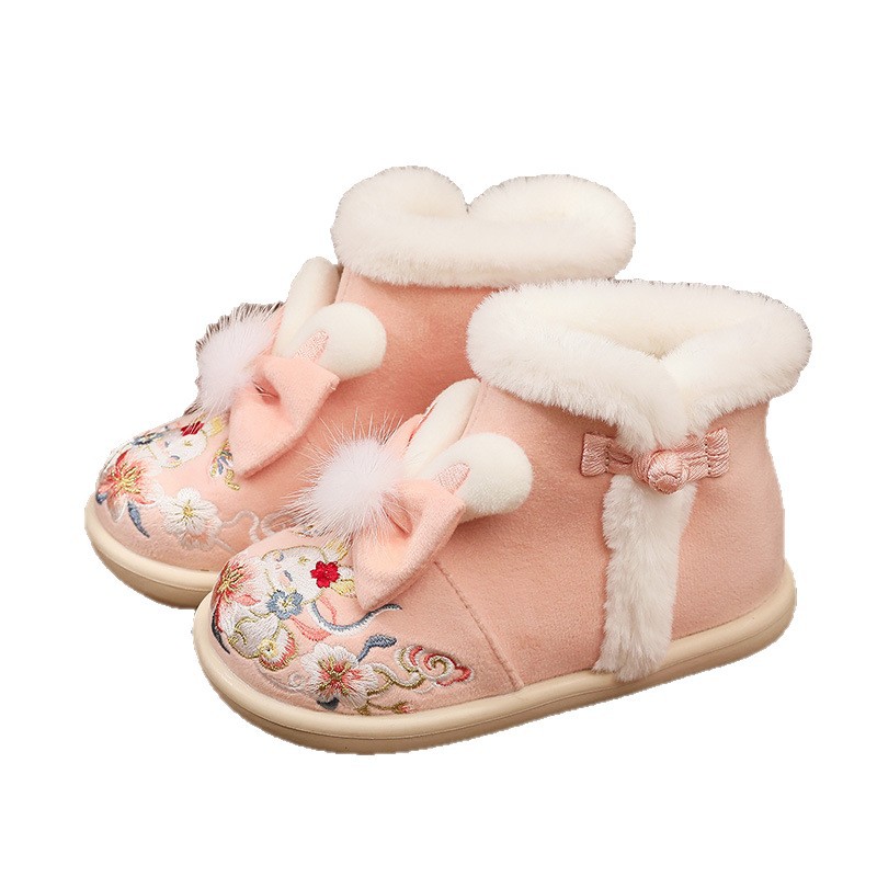 Girls' Hanfu Shoes with Fleece Lining for All Seasons, Children's Snow Boots with Ethnic Style Embroidery, Traditional Chinese Costume Shoes for Babies, Chinese New Year Style