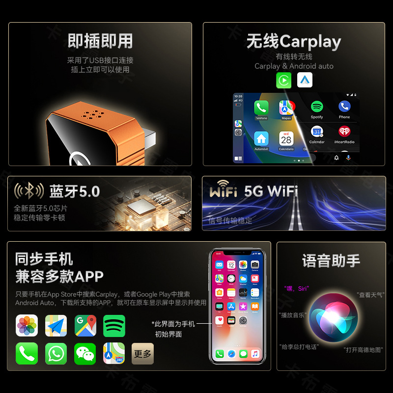 Hot-Selling Carplay Wired to Wireless Box Two-In-One Car-Machine Interconnection Module Smart Carplay Box