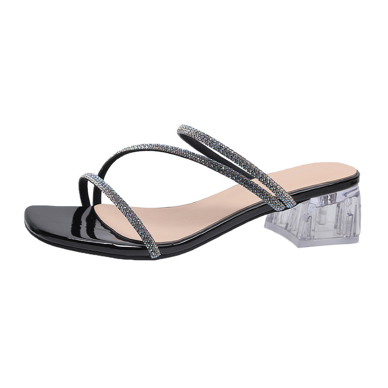 Thick-Heeled Sandals 2025 Summer New Square-Toe High-Heeled Slippers Fairy Style Outer Wear Transparent Rhinestone Flip-Flops