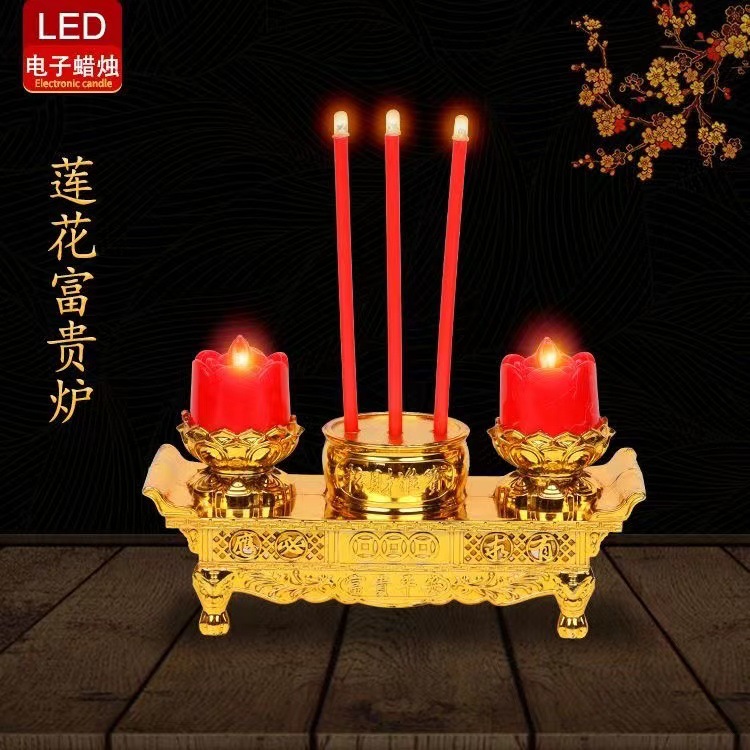 Wholesale) LED electronic censer fortune furnace electric incense double dragon candlestick for Buddha god of wealth swing flame simulation candle
