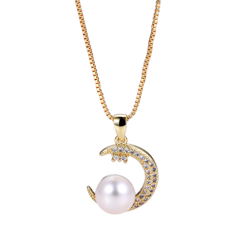 Japanese and Korean Fashion Moon Freshwater Pearl Pendant Simple Inlaid Pendant Fresh and Unique Women's Pearl Jewelry
