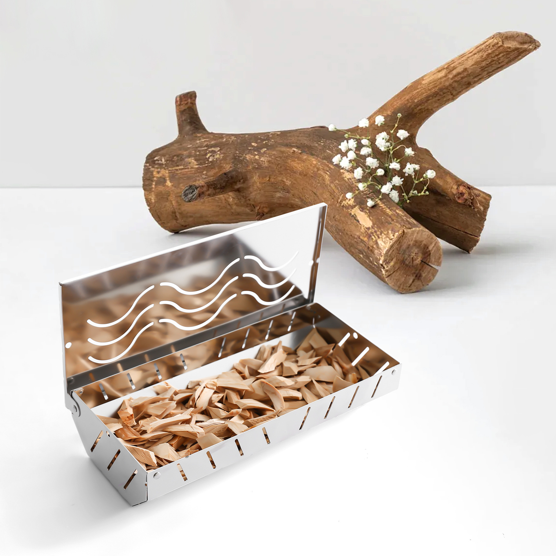 Amazon's New Stainless Steel Smoked Meat Wood Chip Box Fruit Wood Smoking Square Smoked Meat Box Barbecue Utensil Box American Style