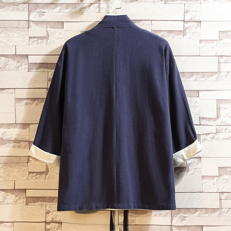 2024 New Summer Men's Chinese Style Pure Color Cuffed Contrast Color Cardigan Robe Retro Casual Han Dynasty Jacket for Men