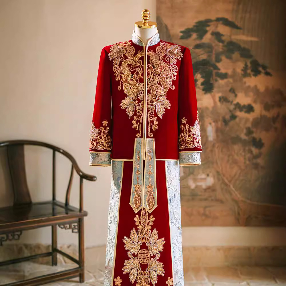 Мужской традиционный китайский свадебный наряд для жениха 2024 летний костюм с драконом и фениксом, танг-сuit, свадебное платье, национальный стиль