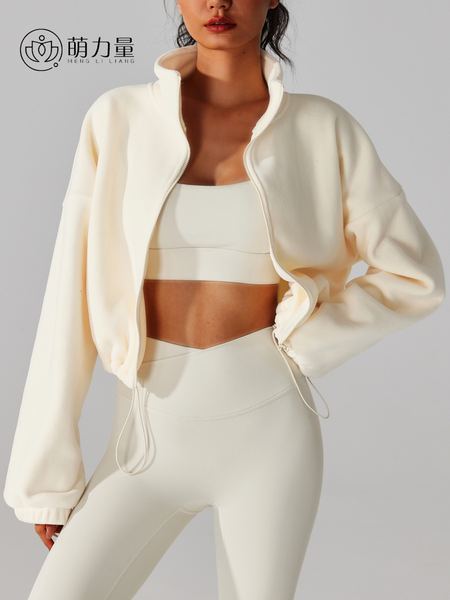 European and American Autumn and Winter Lamb Velvet Sports Jacket with Vertical Collar Thickened Warm Drawstring Short Austrian Grain Velvet Loose Windproof Top