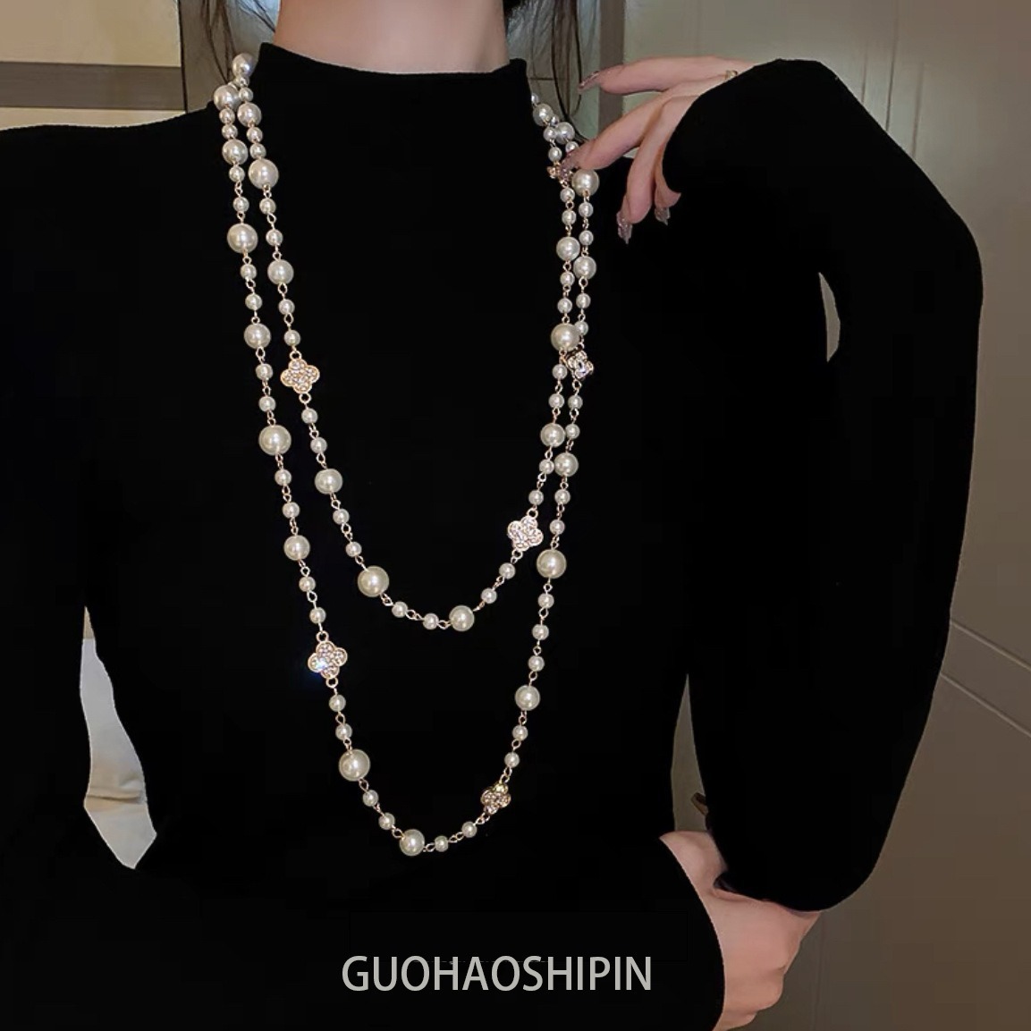 Shijiazu stacked with long pearl necklace women's light luxury temperament sweater chain Joker high sense autumn and winter necklace 