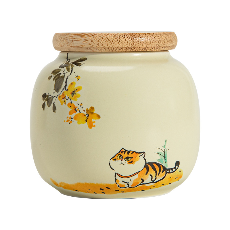 Moe Cat Ceramic Tea Cans Small Cans Portable Car Carry-on Storage Tea Cans Moisture-proof Sealed Tea Storage Cans Tea Cans