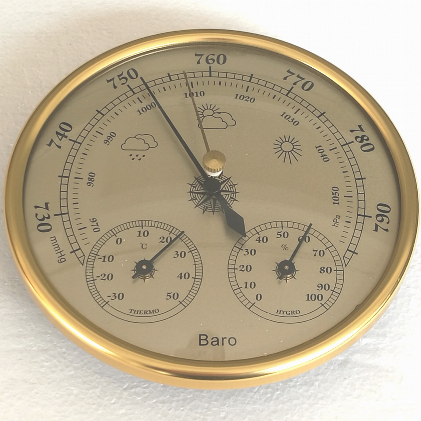 Thb9392G-12.8Cm Gold Ring and Gold Surface Three-In-One Weather Station (Thermometer, Hygrometer, Barometer)