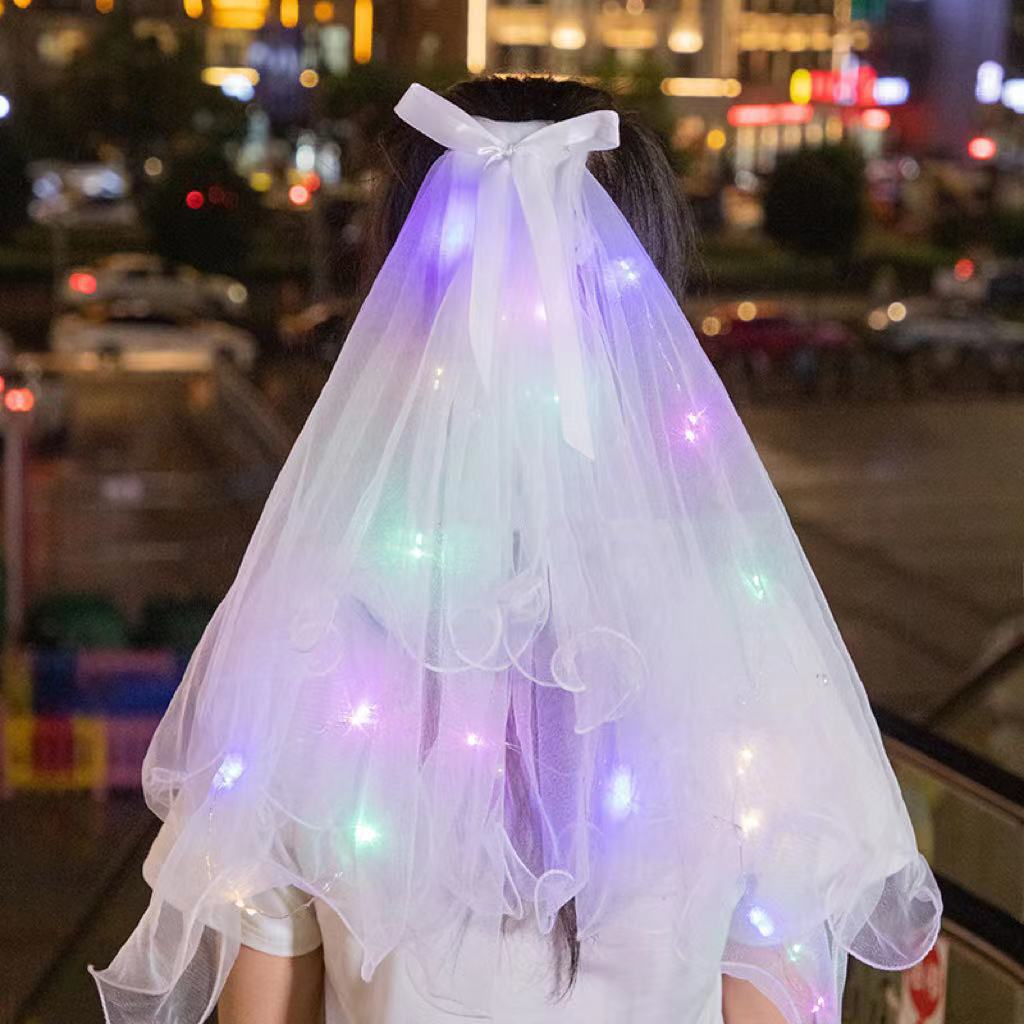 Internet Celebrity Luminous Veil with Light Double-layer Puffy Bow Pearl Veil Night Market Stall Supply Kindergarten Gifts