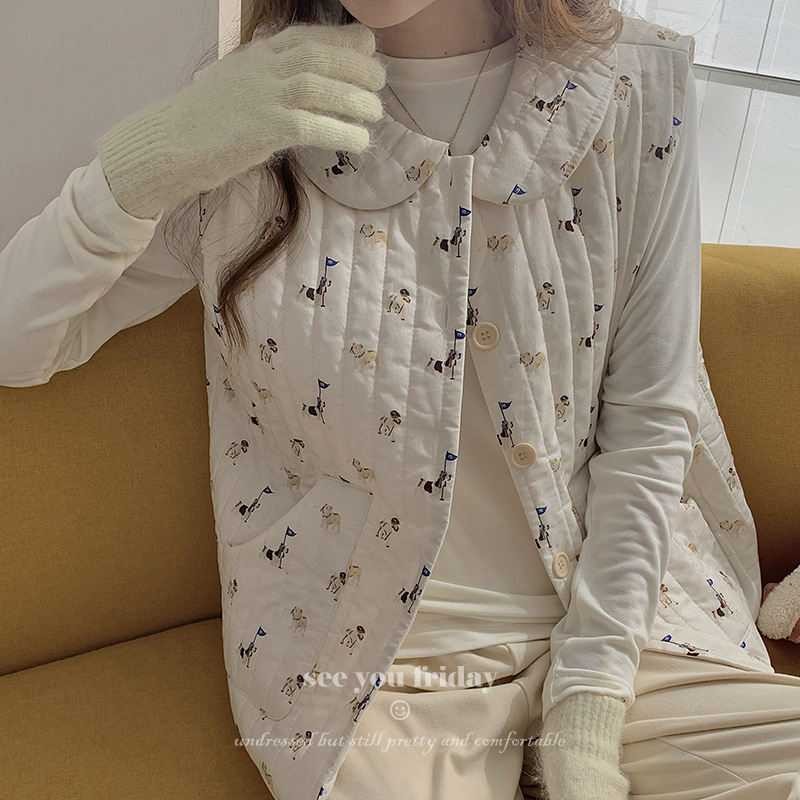Three-layer Quilted Cotton Two-color Cartoon Doll Collar Cotton Vest Autumn and Winter Pajamas Women's 2024 New Outfit
