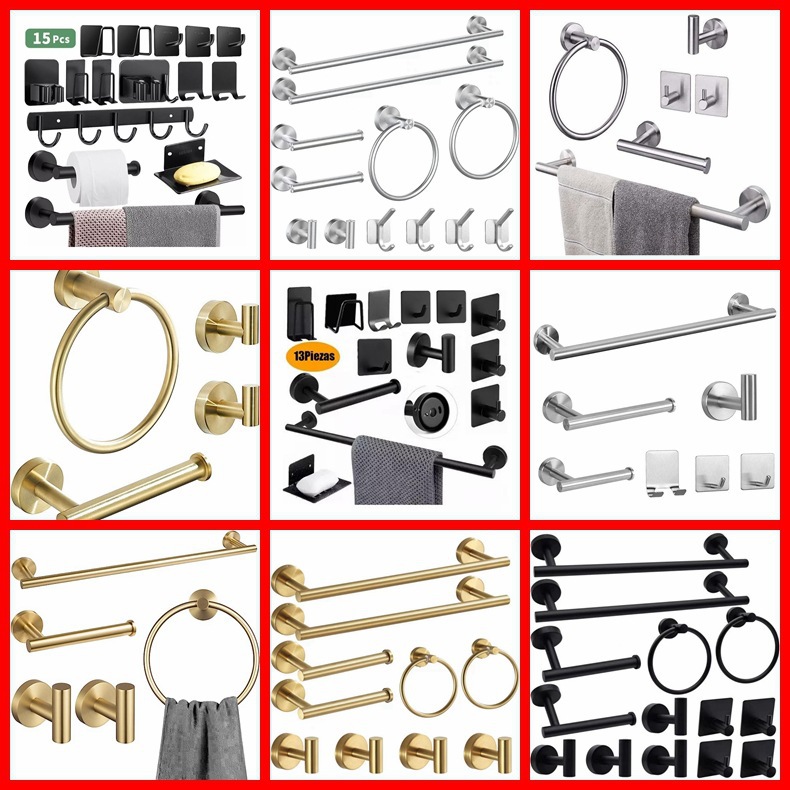 Cross-Border Stainless Steel Bathroom Accessories Towel Rack Set Bathroom Hardware Accessories Set Bathroom Towel Bar Set Complete Set