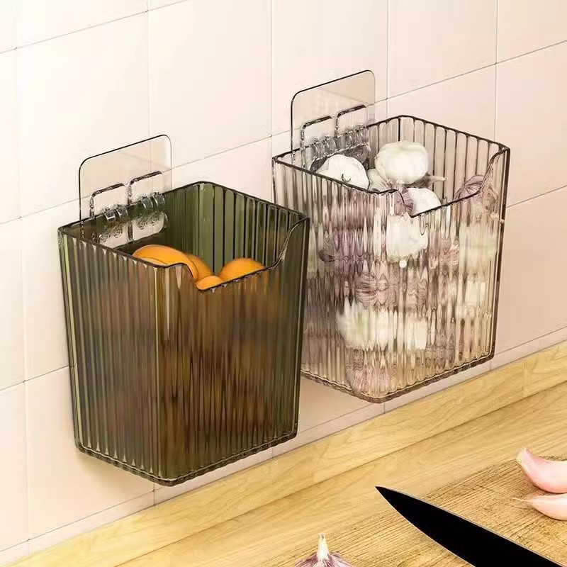 Kitchen Garlic, Ginger and Onion Transparent Storage Basket Small Objects Punch-free Wall-mounted Storage Box Kitchen Storage Rack