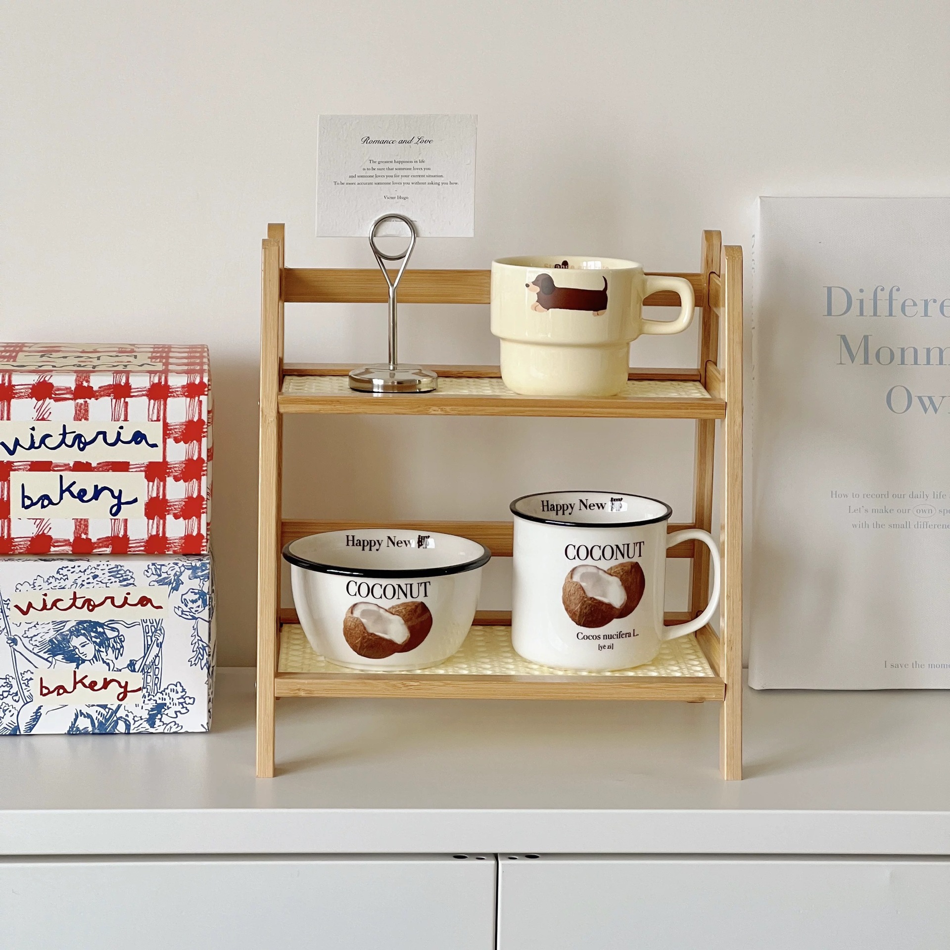 Ins Antique Rattan Cream Color Double-Layer Desktop Storage Rack Dormitory Bedroom Office Kitchen Cup Rack