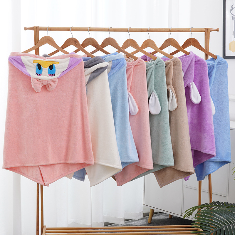 Children's Bath Towel Hooded Poncho Absorbent Baby Hooded Bathrobe Cartoon Baby Coral Fleece Children's Bath Towel