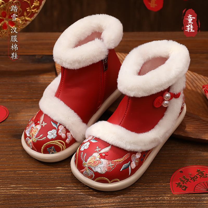 Hanfu Cotton Shoes Winter Children's Embroidered Shoes Comfortable Coat Shoes Antique Performance Shoes Ethnic Style Girls Thick Cotton Shoes