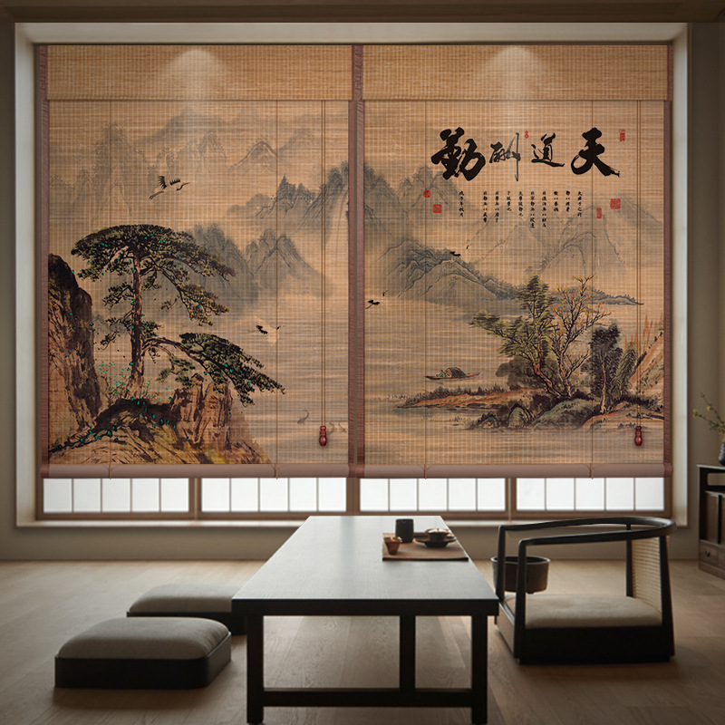 Bamboo Curtain Full Blackout Edge Roller Blind Printed Landscape Painting Curtain Study Bedroom Balcony Office New Chinoiserie Curtain