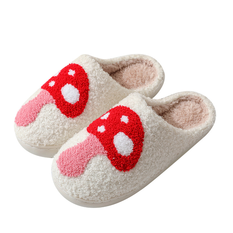 Cross-Border Mushroom Popular Winter Smiling Face Peach Heart Cotton Slippers for Women Wholesale Indoor Home Rainbow Plush Warm Slippers