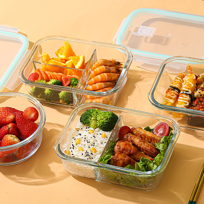 Microwave Heating Glass Preservation Box with Bento Box Borosilicate Glass Lunch Box Partition Glass Preservation Bowl
