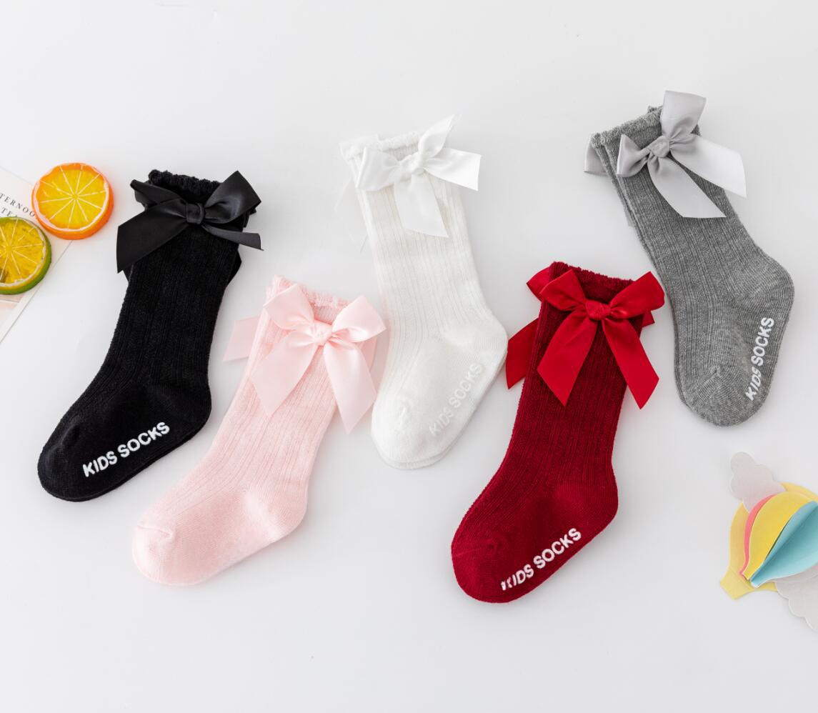 New Pure Color Stripesd Stockings for Boys and Girls, Pure Cotton Non-Slip Bubble Mouth Baby Bow Mid-Calf Socks Wholesale