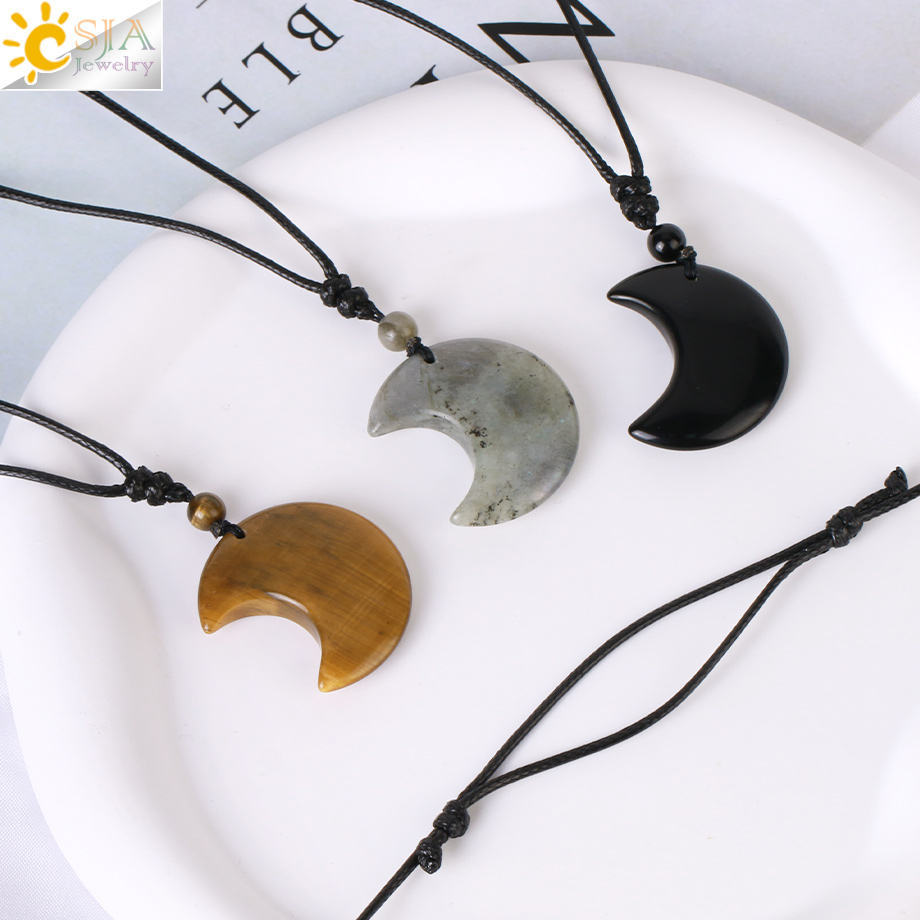 Natural Crystal Gem Crescent Moon Hand-woven Pendant Necklace Amazon Cross-border Hot Supply Wholesale