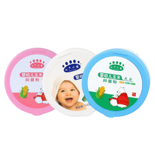 Оптовая продажа детского талька 140г, порошок от потницы, коробка с семью медведями и пуховкой, кукурузный тальк