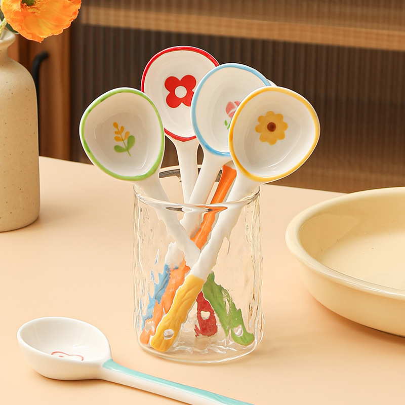 Ceramic spoon household high value long handle Japanese soup small spoon creative round head lovely soup soup spoon porridge