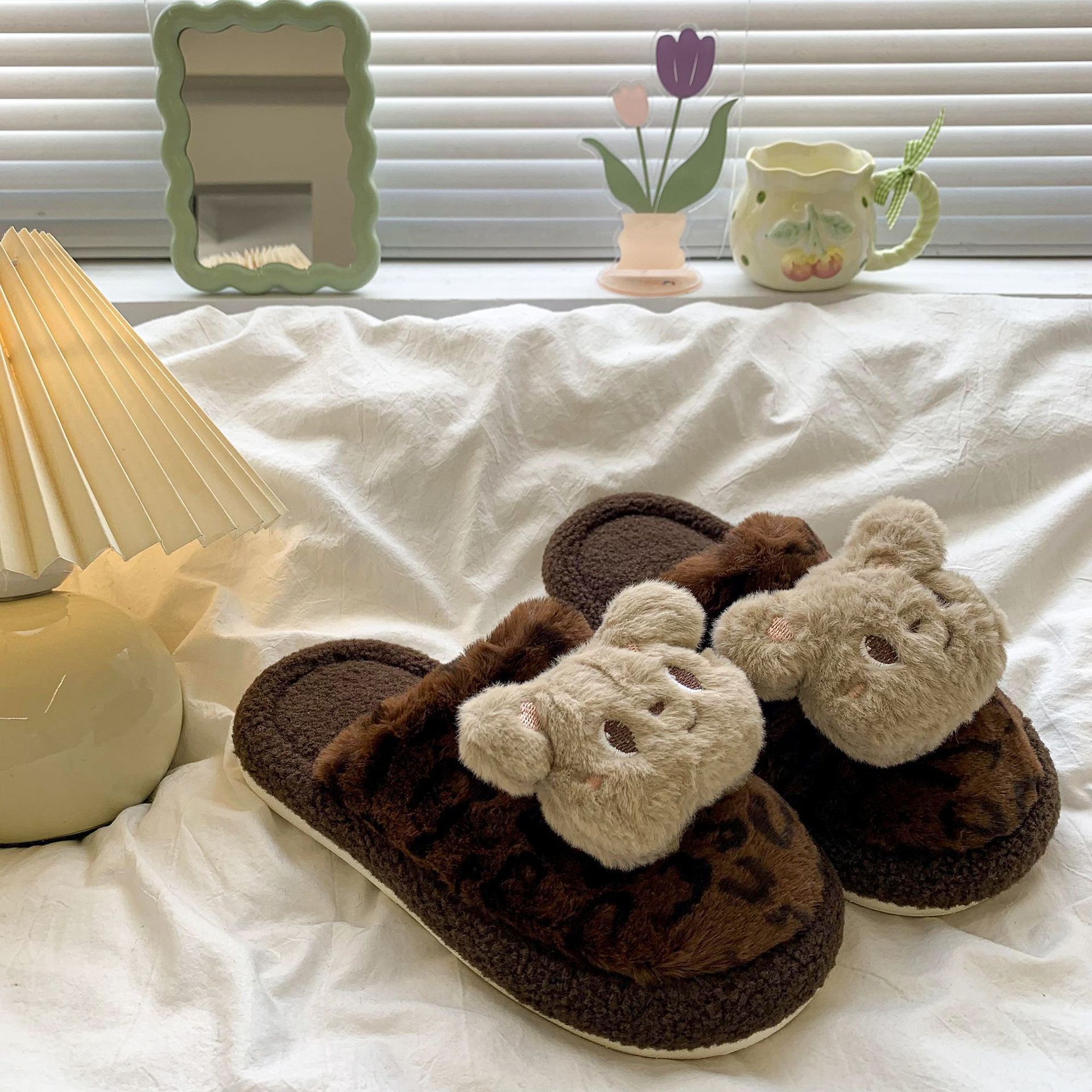 Thick-Soled Cute Versatile Leopard Print Fur Slippers for Women 2024 New Autumn and Winter Outer Wear Non-Slip Soft-Soled Toe-Cap Cotton Slippers