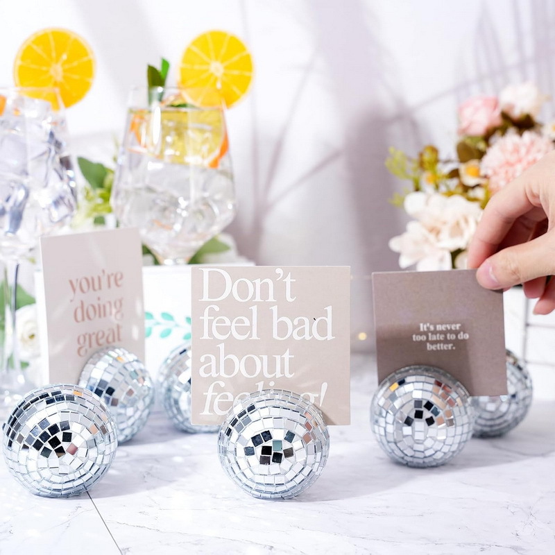 5cm Silver Pink Disco Glass Ball Table Number Stand Name Card Holder Photo Stand Wedding Birthday Party Decoration