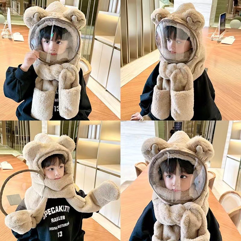 Baby Hat Winter Riding Warm Fluffy Hat Boys' and Children's Protective Mask Children's Scarf Gloves Integrated Cap Windproof
