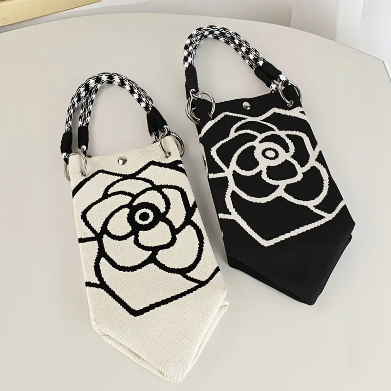 Japanese and Korean New Camellia Flower Knitted Handbag Large Capacity Bucket Bag Casual Versatile Commuter Portable Handbag