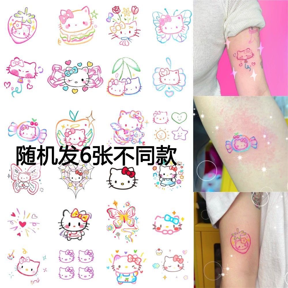 Line Cat Cartoon Cute Tattoo Sticker Internet Popular Hello Kitty Colorful Simple Finger Wrist Tattoo Sticker